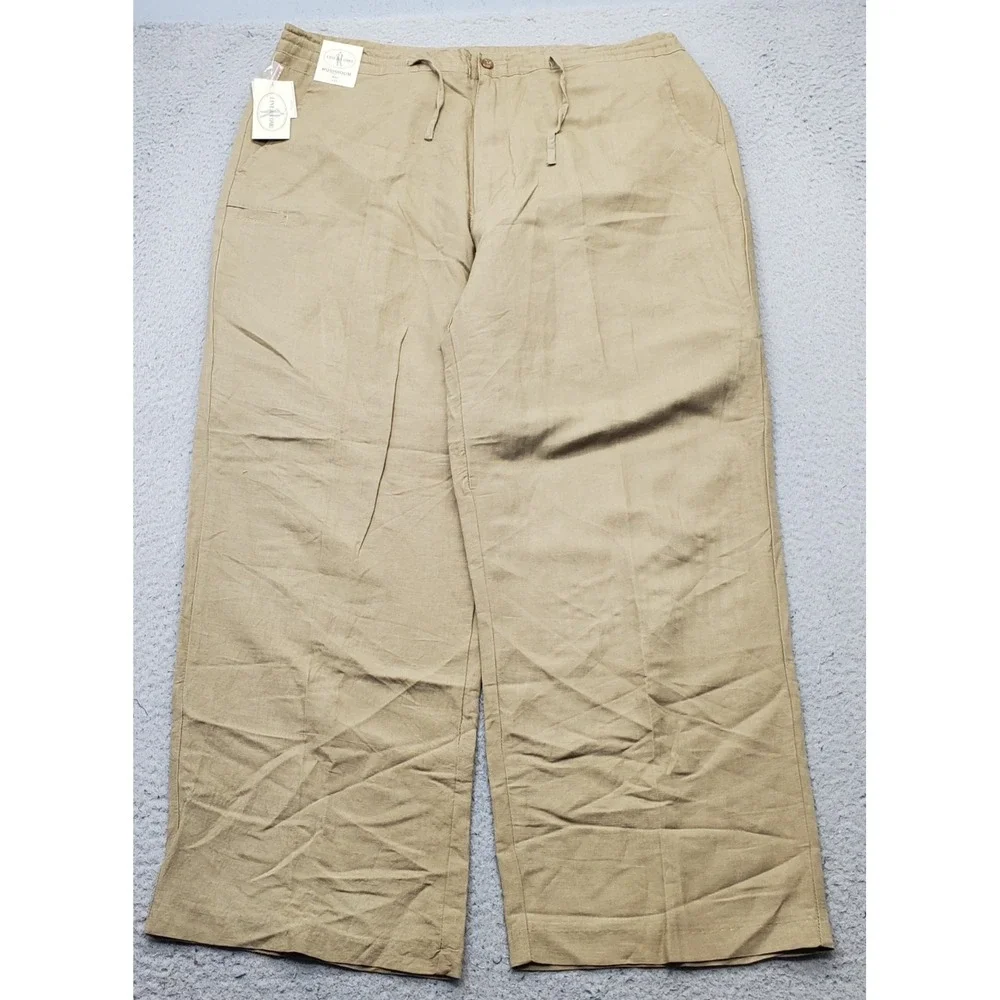 Linea Uomo Pants Mens 42x30 Tan Straight Wide Leg Linen Blend Drawstring Waist